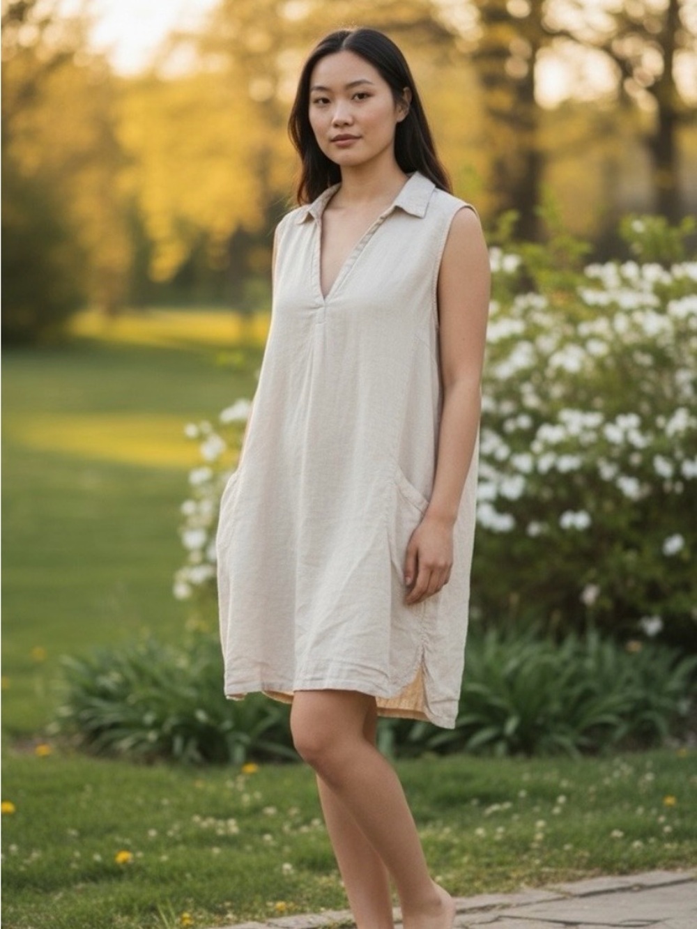 Sigrid Olsen Sleeveless V-Neck dress in Light Cream